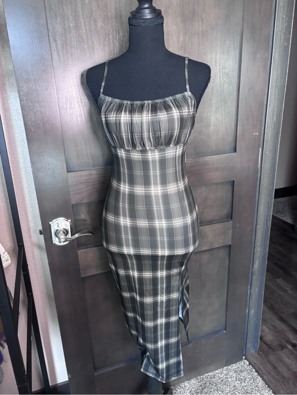 Plaid Spaghetti-Strap Midi Dress - Black/Dark Green/Cream